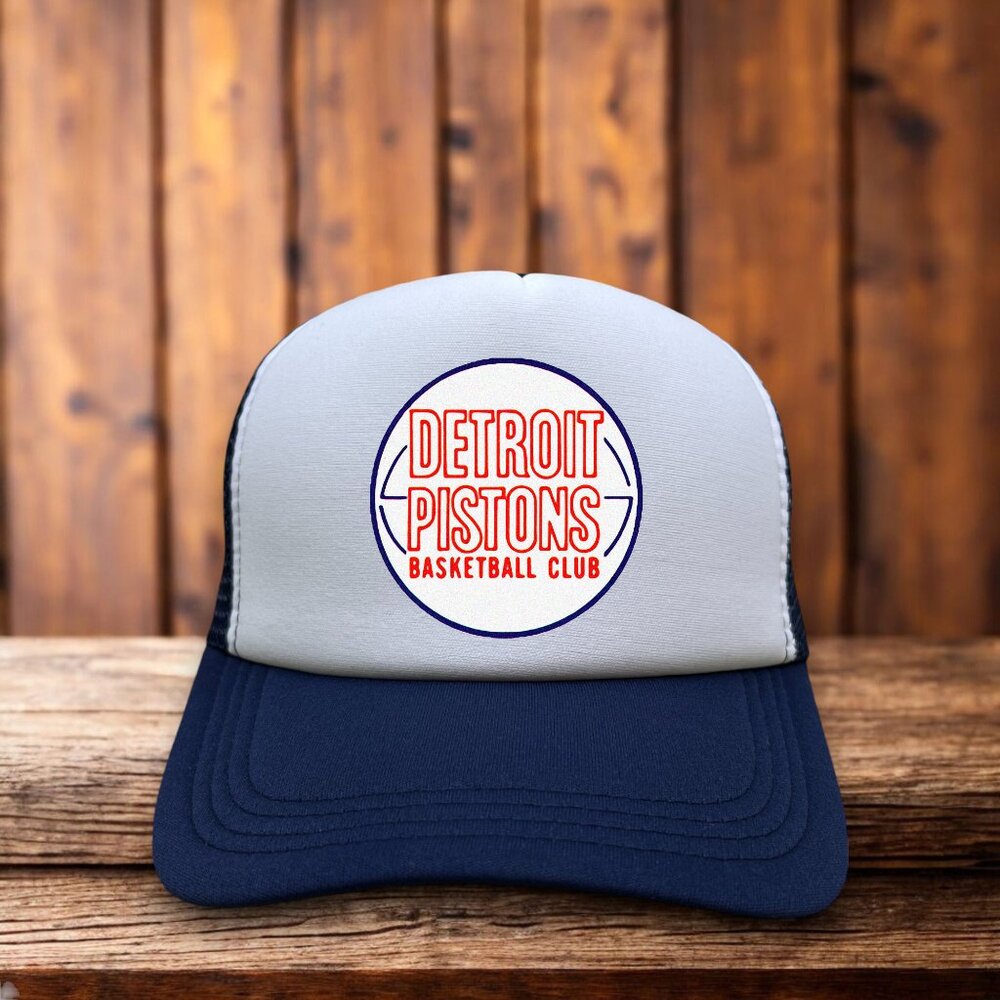 Detroit Pistons Mens Trucker Hat Navy Snapback 1971 Logo Retro Basketball Cap